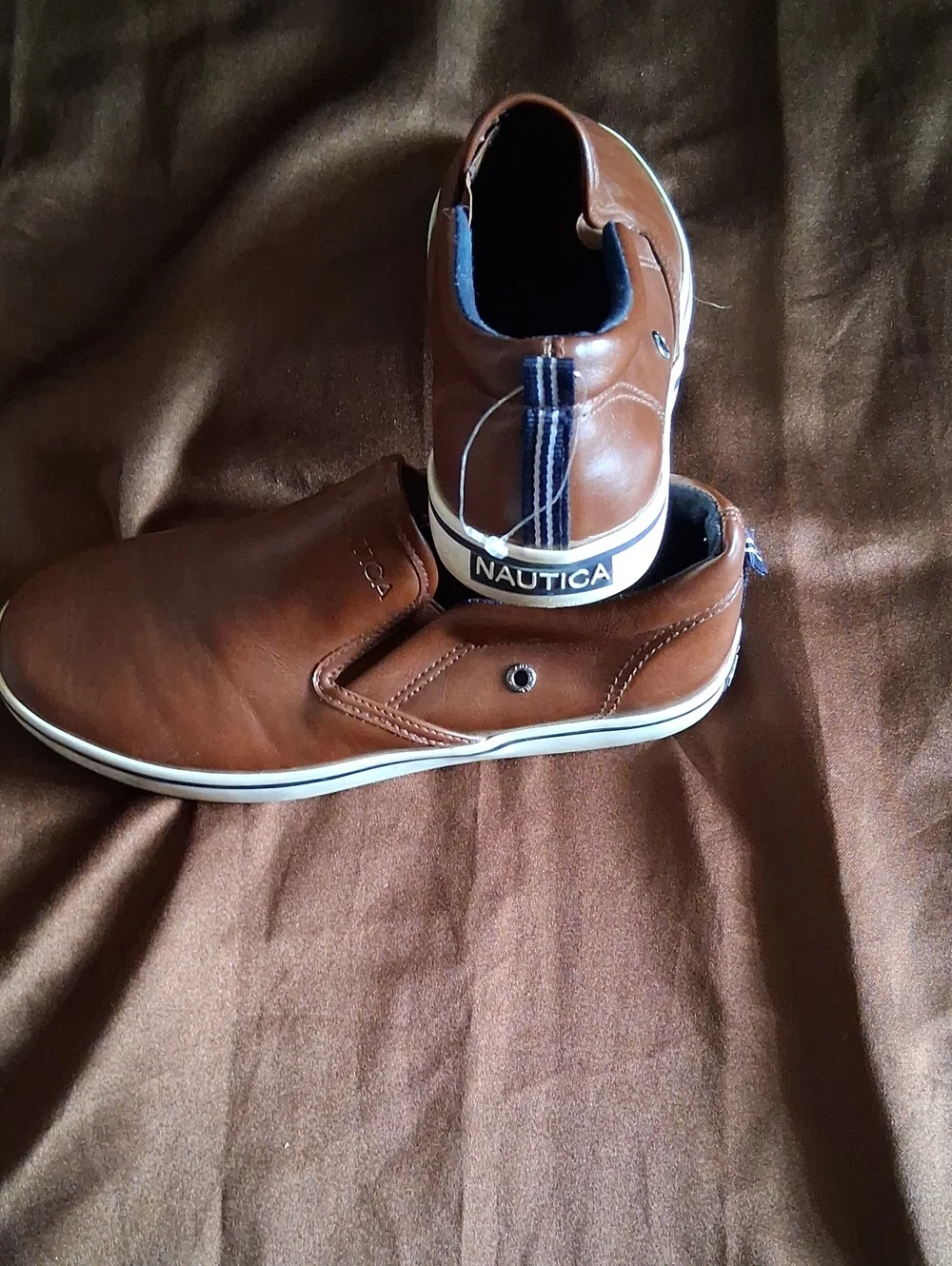 Nautica Men’s Brown Leather-Look Slip-On Sneakers with Navy Trim